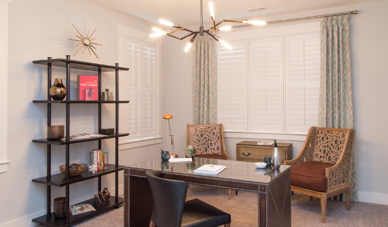 San Antonio home office with plantation shutters.